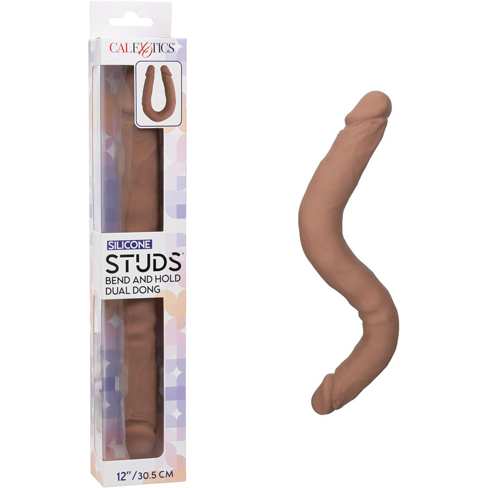 Silicone Studs Bend and Hold Dual Dong 12 inch - Brown